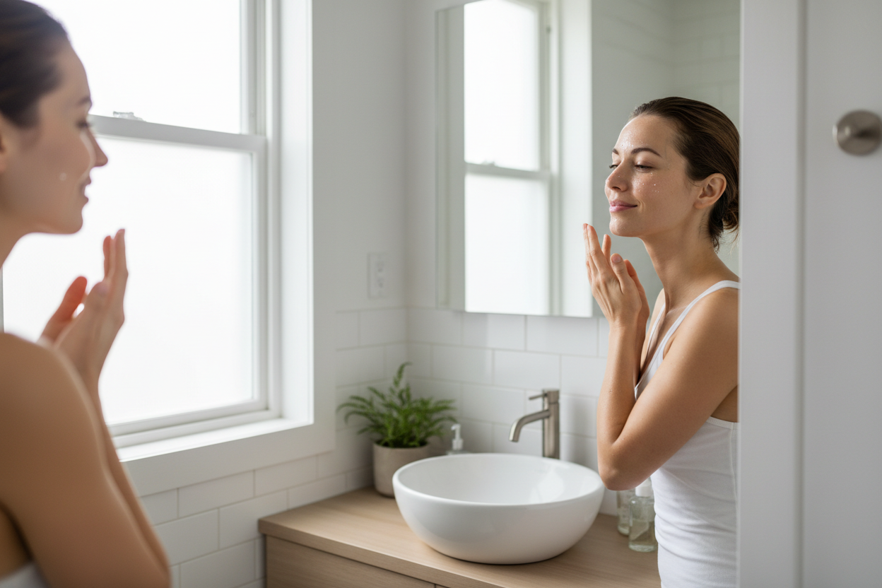 a women looking at her face in the mirror after washing it 